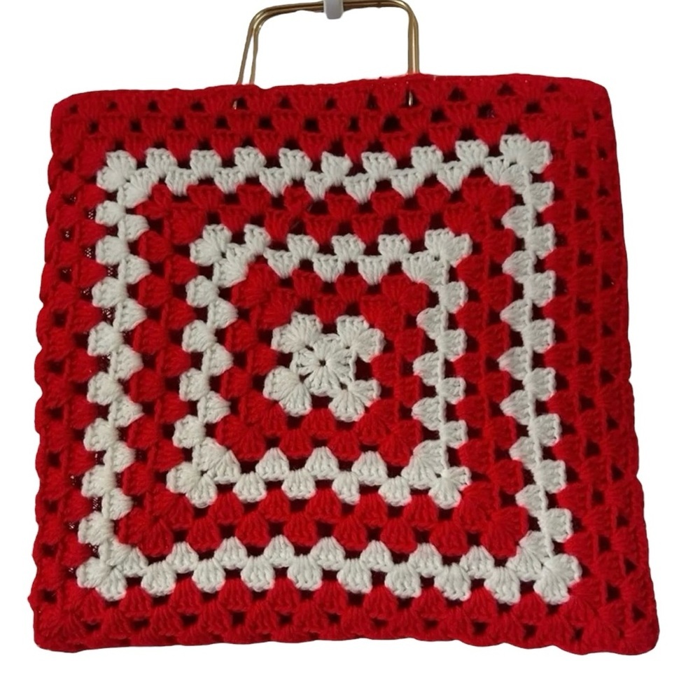 Vintage Made In Spain Granny Squares Mesh Lined Double Gold Metal Handles Tote